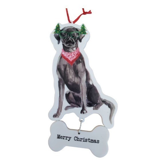 Black Lab Happy Howlidays Christmas Ornament with bone hanging 5" x 3", White - Picture 2 of 5